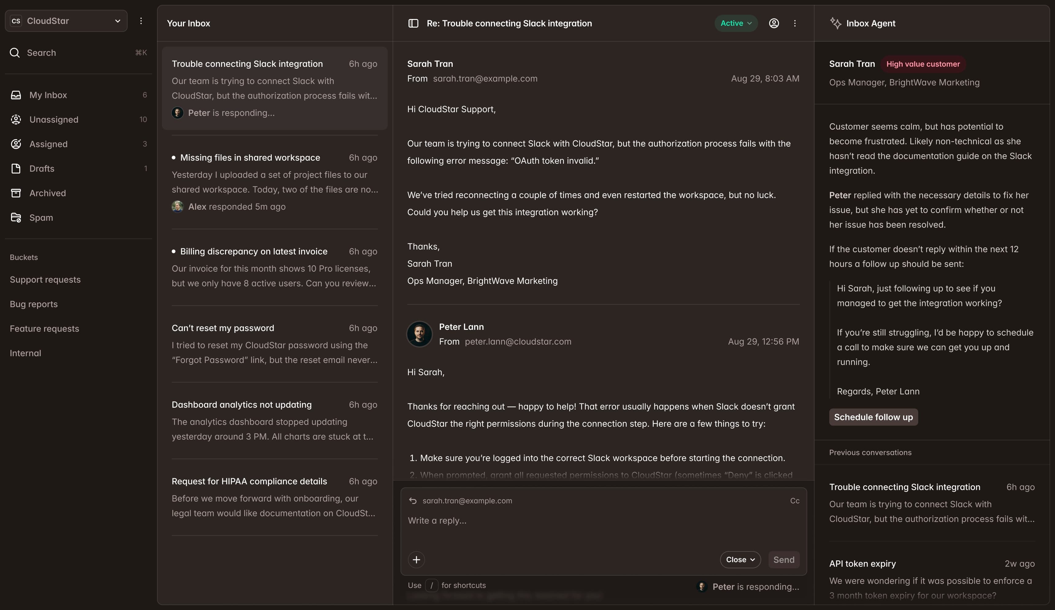 Customer support dashboard
