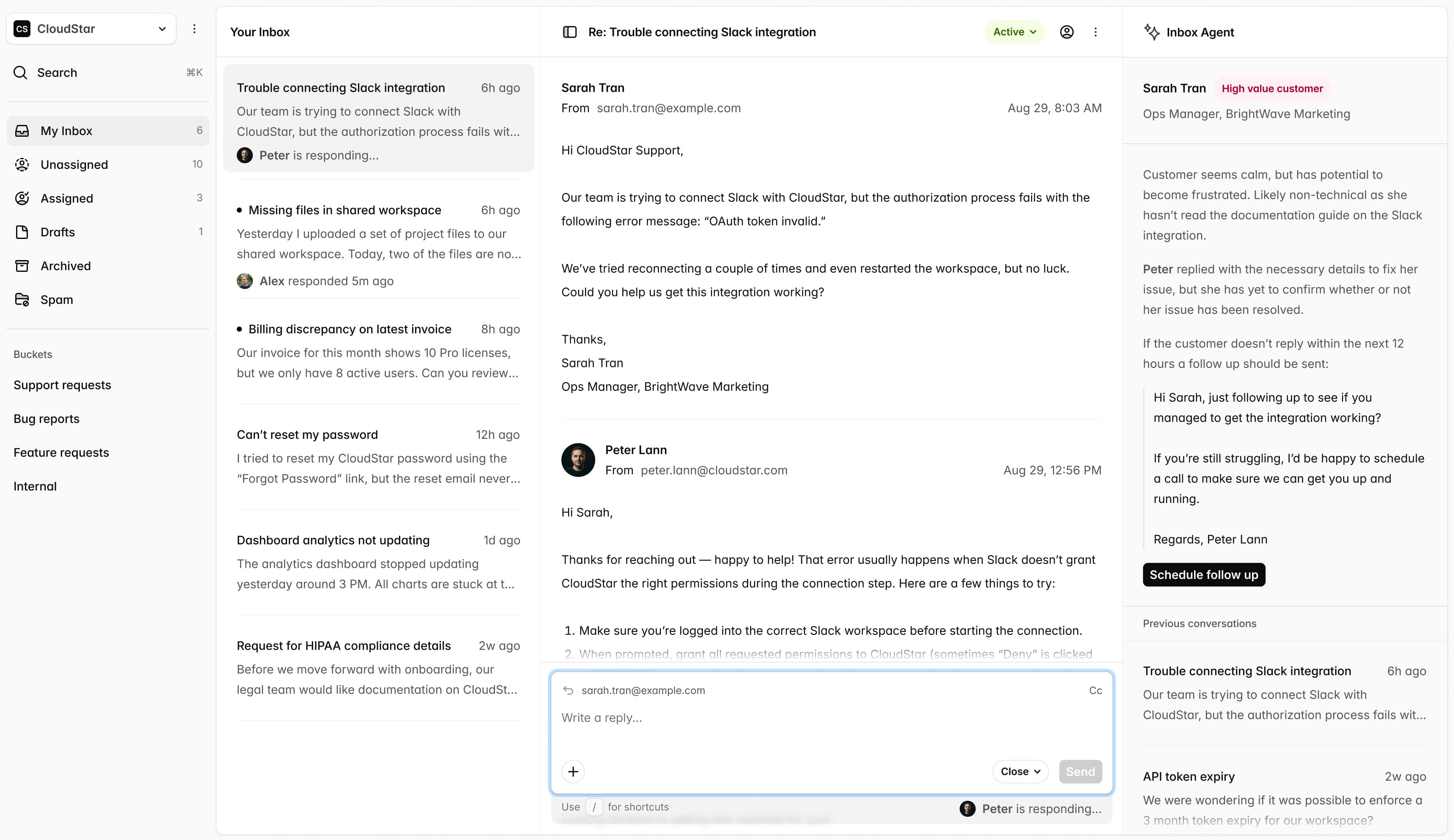 Customer support dashboard